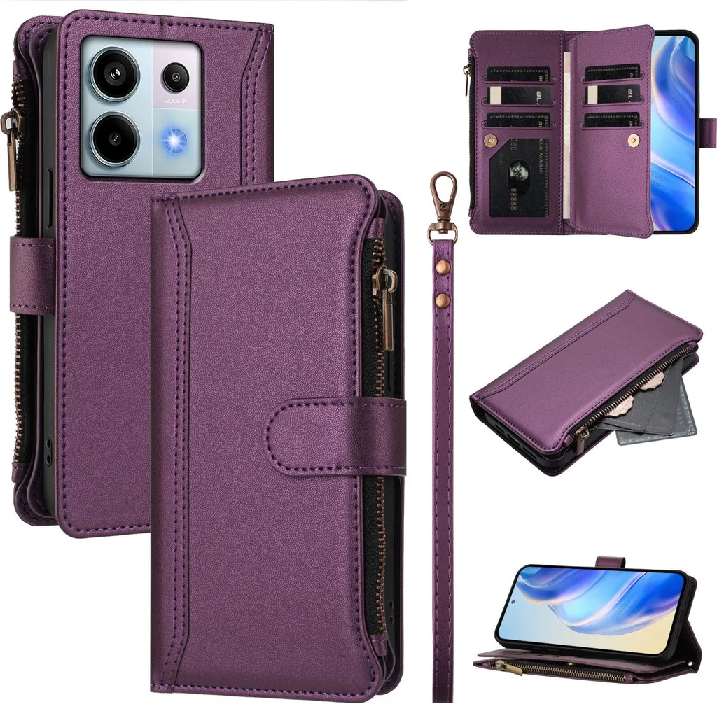 Custodia per Xiaomi Redmi Note 13 Pro 5G, con cerniera, portafoglio in Finto cuoio con tasche per carte, supporto e passante per la mano Viola