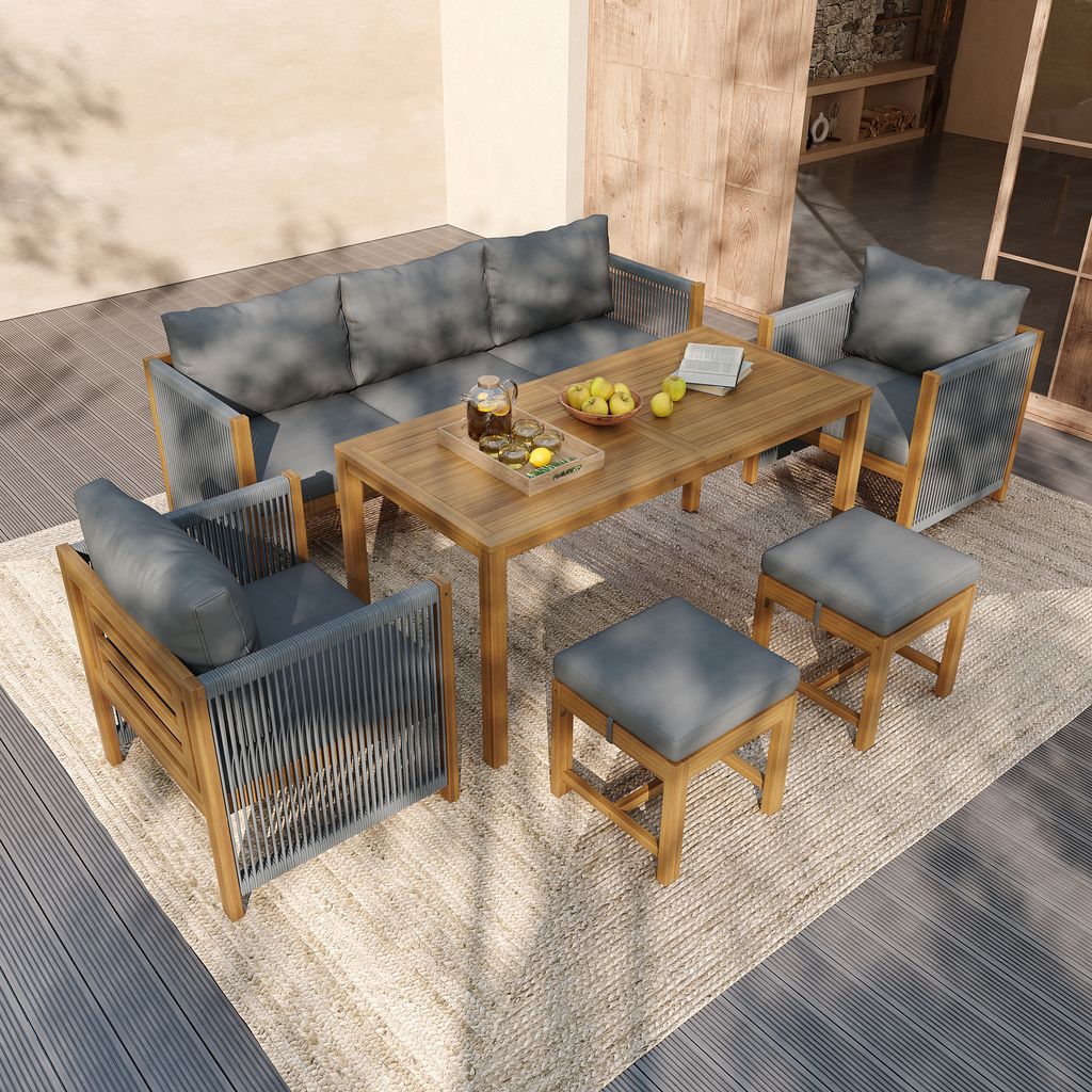 STILVORA Garten-Esstisch-Set 6-tlg. mit 3er Sofa, 2 Sesseln, 2 Hockern und Esstisch für 7 Personen, Garten-Loungestuhl-Set aus Massivholzrahmen mi...