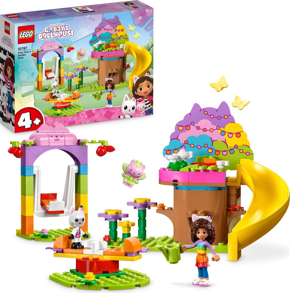 LEGO 10787 Gabby's Dollhouse Kitty Fees Gartenparty Puppenhaus Spielzeug Set mit Gabby, Pandi und Kitty Fee Figuren mit Baumhaus, Schaukel, Rutsche...