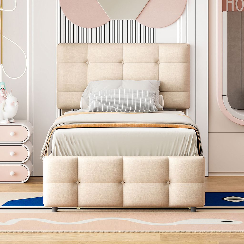 okwish Jugendbett 90x200 mit Matratze,Polsterbett Kinderbett mit ausziehbarem Bett,Einzelbett mit höhenverstellbarem Kopfteil, Beige