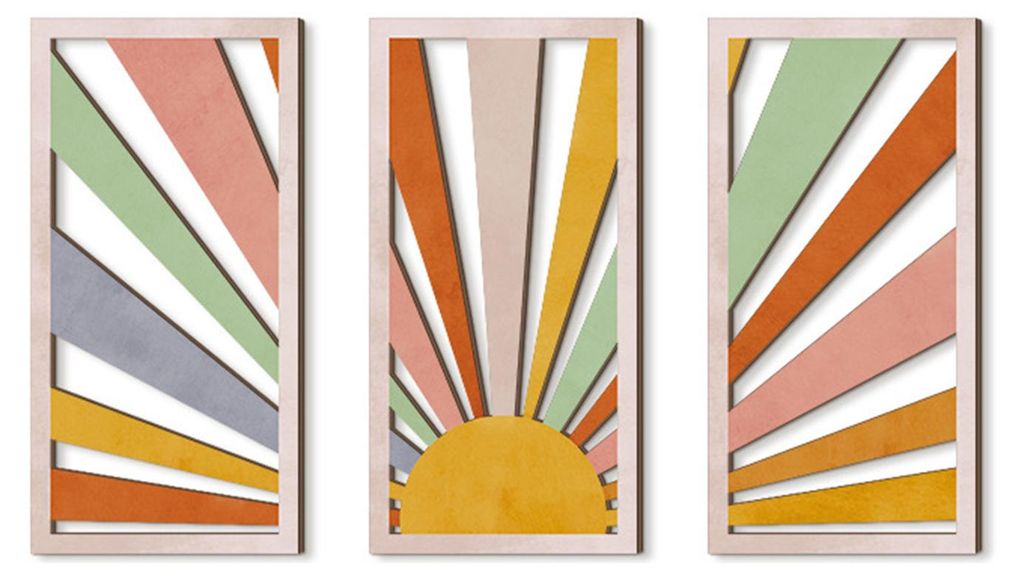 3-teiliges Boho-Wanddekor aus Holz: Minimalistische Pflanzenmotive, geometrische Aushöhlungen, hängende Ornamente, abstrakte Wandskulpturen für ...