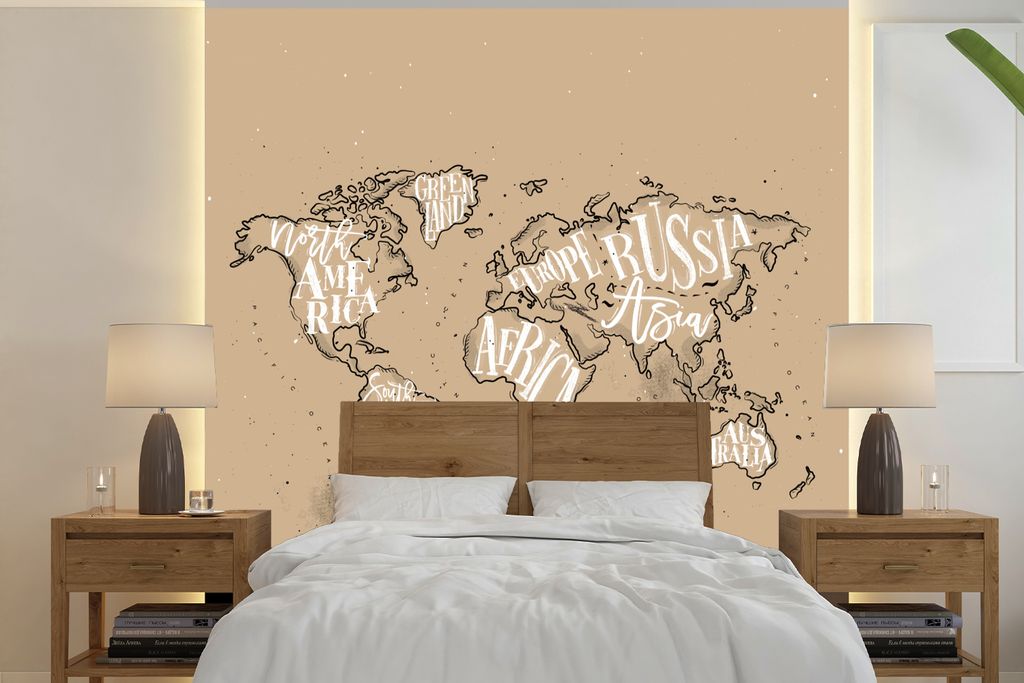 MuchoWow Fototapete für Wohnzimmer oder Schlafzimmer Wandtapete Vinyl Motivtapete Weltkarte - Braun - Weiß - Buchstaben - 220x220 cm - Tapeten