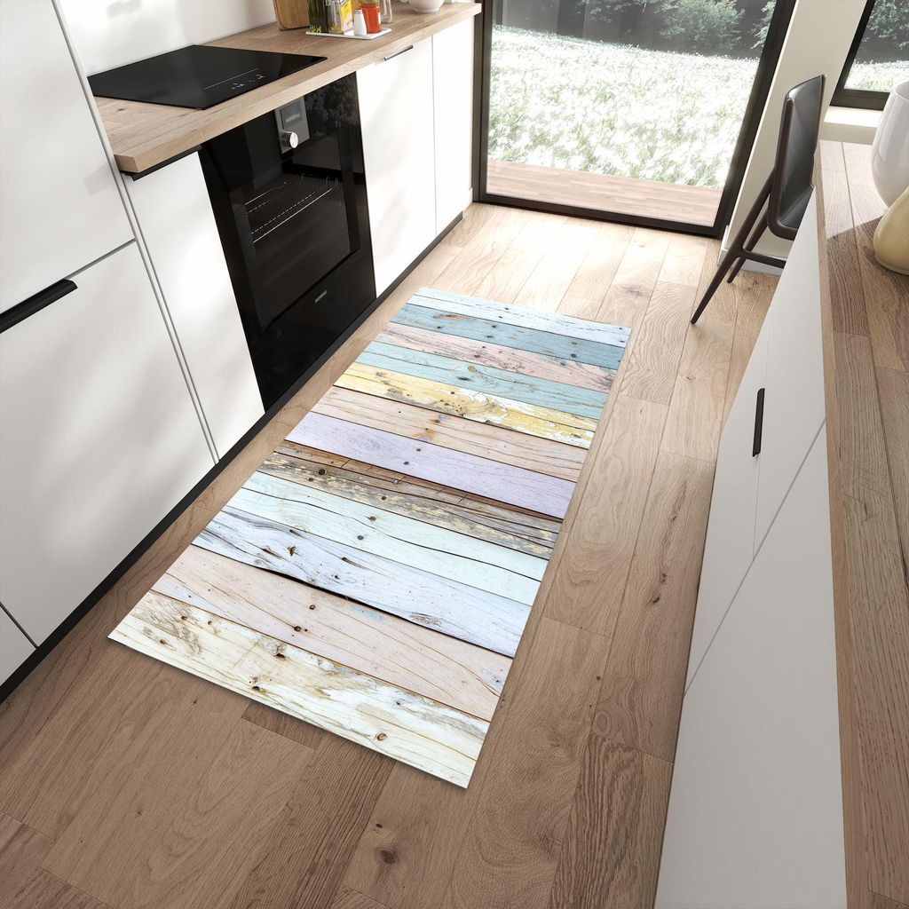 Küchenteppich 90x180cm rutschfest & abwischbar PVC Läufer - Bunte Holzplanken