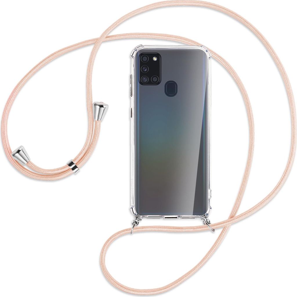 Handykette Backcover-Schutzhülle mit Band (Metall silberfarben) für Samsung Galaxy A21s - rose peach