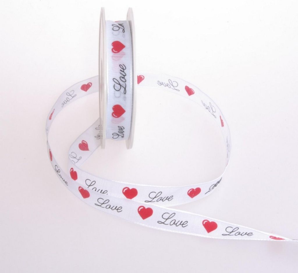 Dekoband "Love" mit Drahtkante - 16mm - 15m -col. 01 weiß-rot - 32019-16-15-01