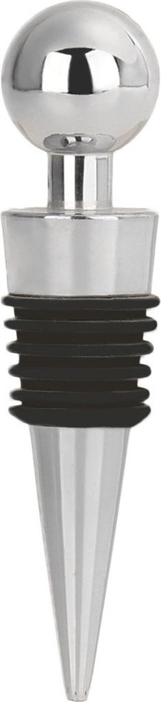 A silver and black wine stopper on a white background.