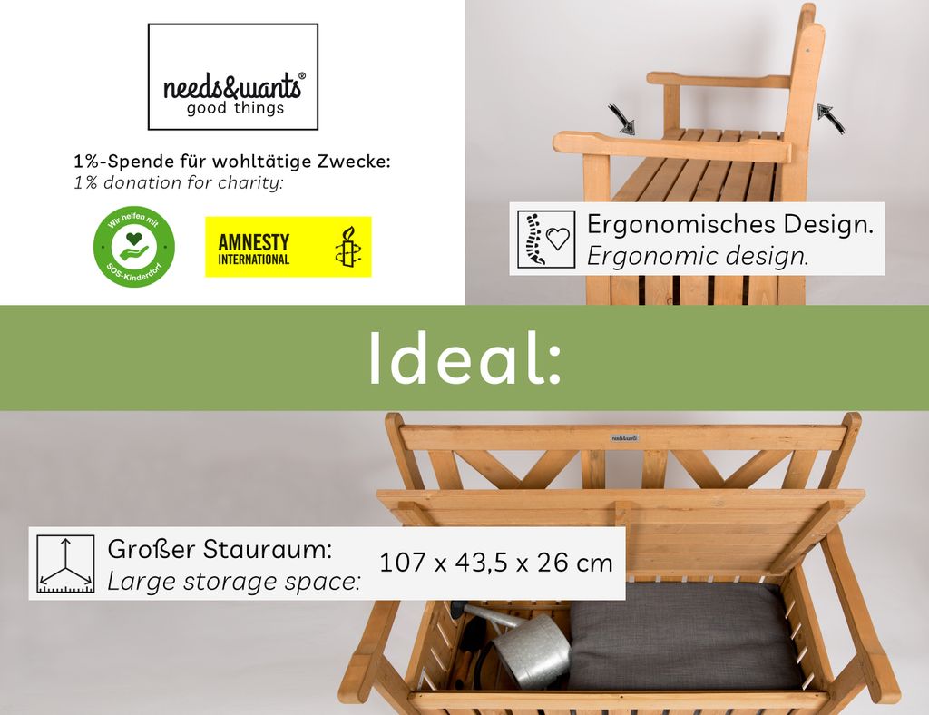 needs&wants® Gartenbank Holz wetterfest mit Stauraum und Produktbild 2