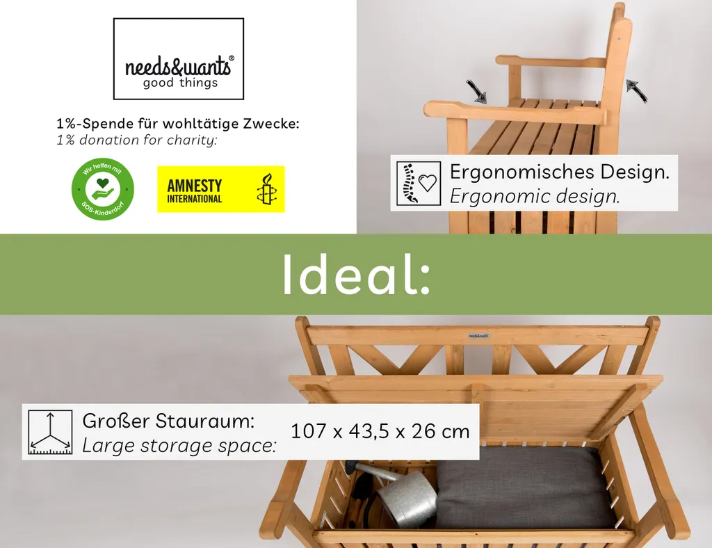 needs&wants® Panca da giardino in legno resistente alle intemperie con vano portaoggetti e copertura, panca a 2 posti in legno panca classica, panca da parco panca da giardino solida da esterno con cassapanca, 115x58x85 cm, in legno naturale massiccio, marrone scuro - 2