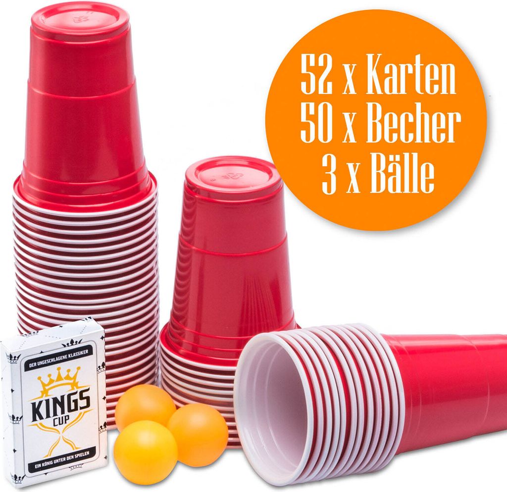 Premium Beer Pong & Kings Cup Trinkspiel XXL Party Set: 50 American Red Cups Partybecher, Beerpong Bälle & Kartenspiel Erwachsene