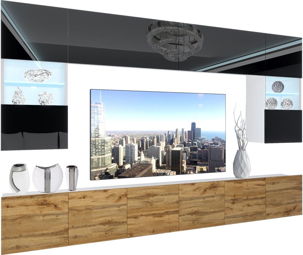 BELINI Wohnwand Vollausstattung Wohnzimmer-Set Moderne Schrankwand mit LED-Beleuchtung Weiß Glänzend Anbauwand TV-Schrank Schwarz / Wotan Eiche G...