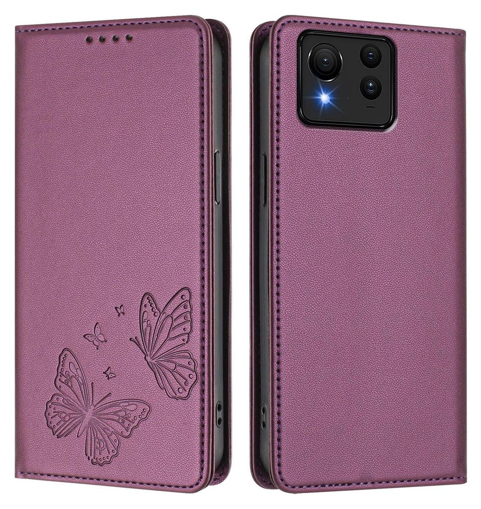 Lederhülle für Asus Zenfone 11 Ultra, Schmetterling Prägung Leder Brieftasche Schutzhülle mit Ständer Lila