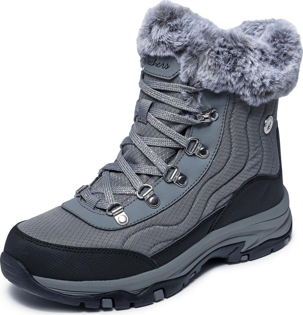 A single gray Skechers winter boot with faux fur trim is shown against a white background.