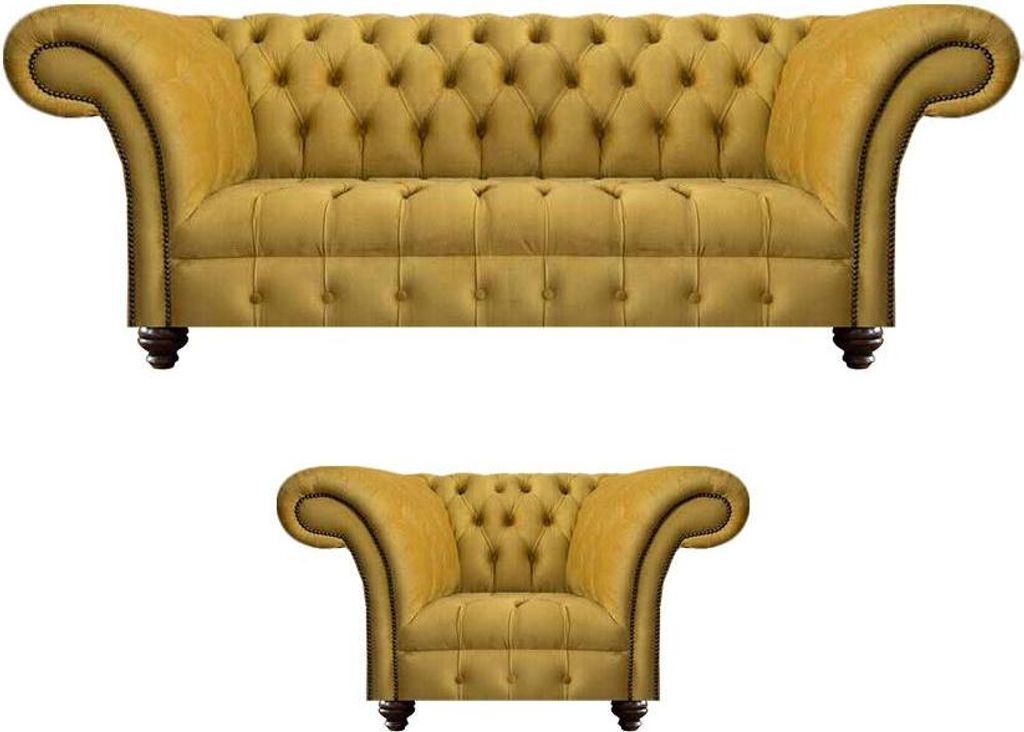 Gelb Sofa Set Sessel Luxus Textil Sofa Dreisitze Couch Chesterfield Sitz Möbel