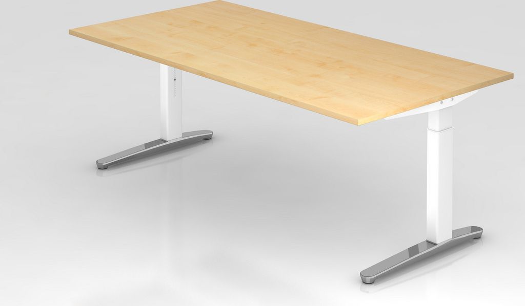 Schreibtisch Mika | Ahorn | Weißes Gestell poliert | BxT 200x100cm | Arbeitshöhe 65-85cm | höhenjustierbar, 1cm Raster | C-Fuß-Gestell | Rechte...