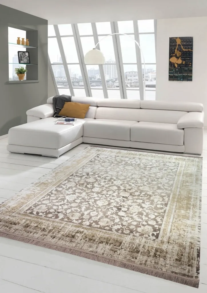 Tapis laine beige 160x230 cm résistant et facile d'entretien floral