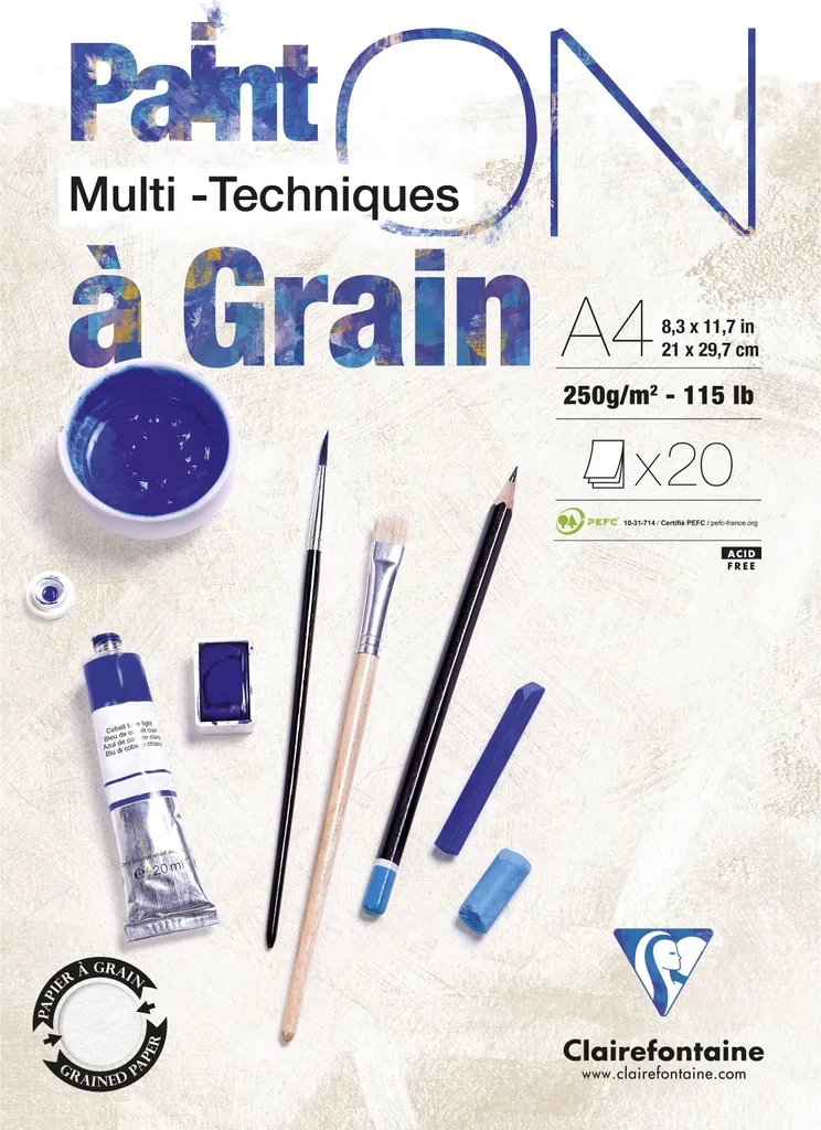 Clairefontaine PaintON Grain Bloc A4 20 Feuilles Blanc 250g 975049C