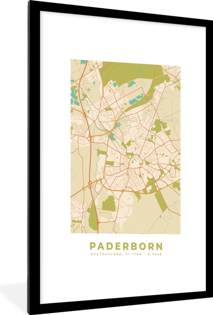 MuchoWow Gerahmtes Poster Jahrgang - Paderborn - Karte - Stadtplan 60x90 cm - Poster mit Schwarzem Bilderrahmen Wandposter Rahmen Foto Bilder - D...