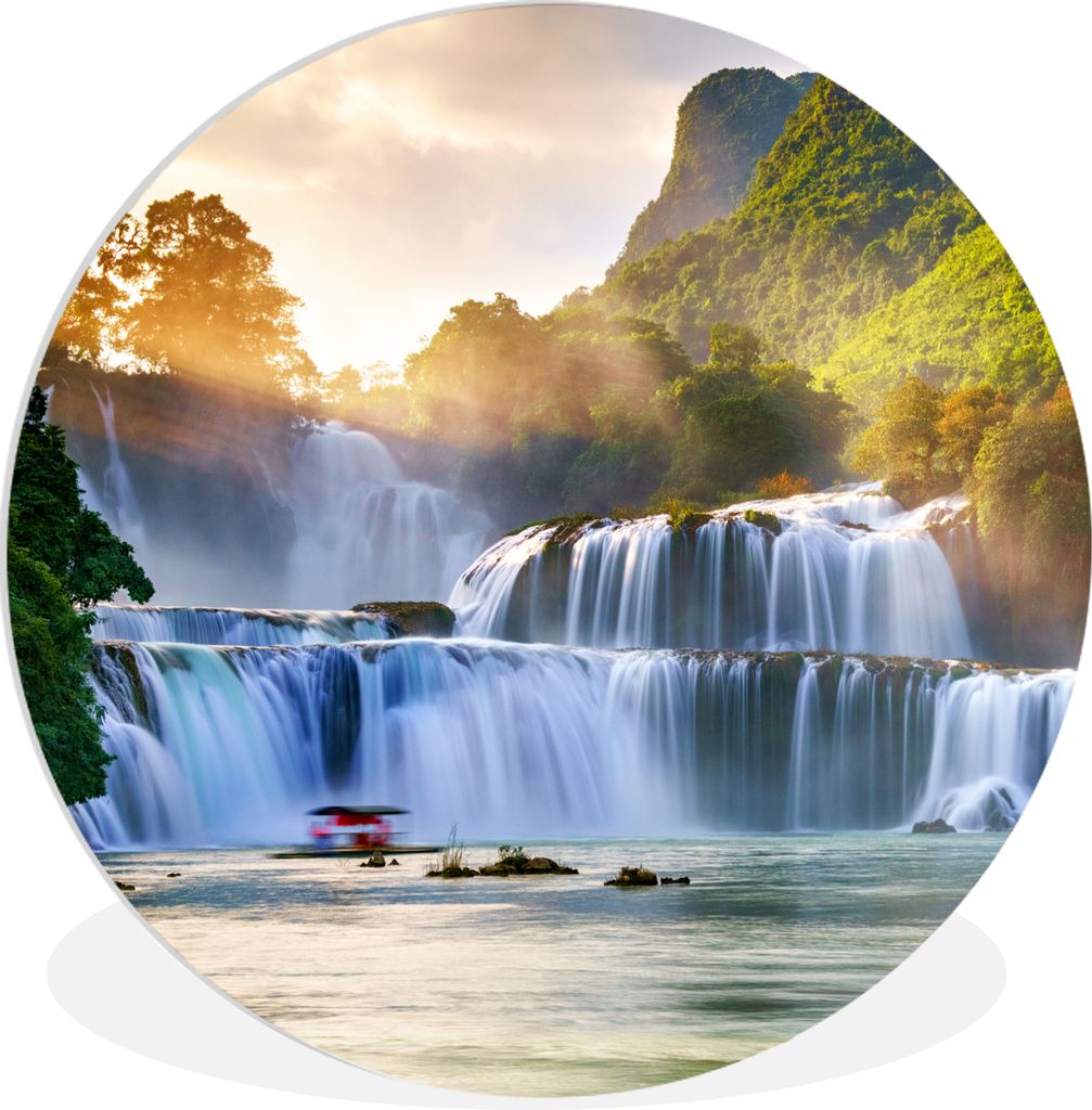 MuchoWow Rundes Wandbild - Runde Bilder Wasserfall - Pflanzen - Sonne - Wasser - Natur Ø 30 cm Kreis Wanddekoration Kunststoff - Wandkreis - Wan...