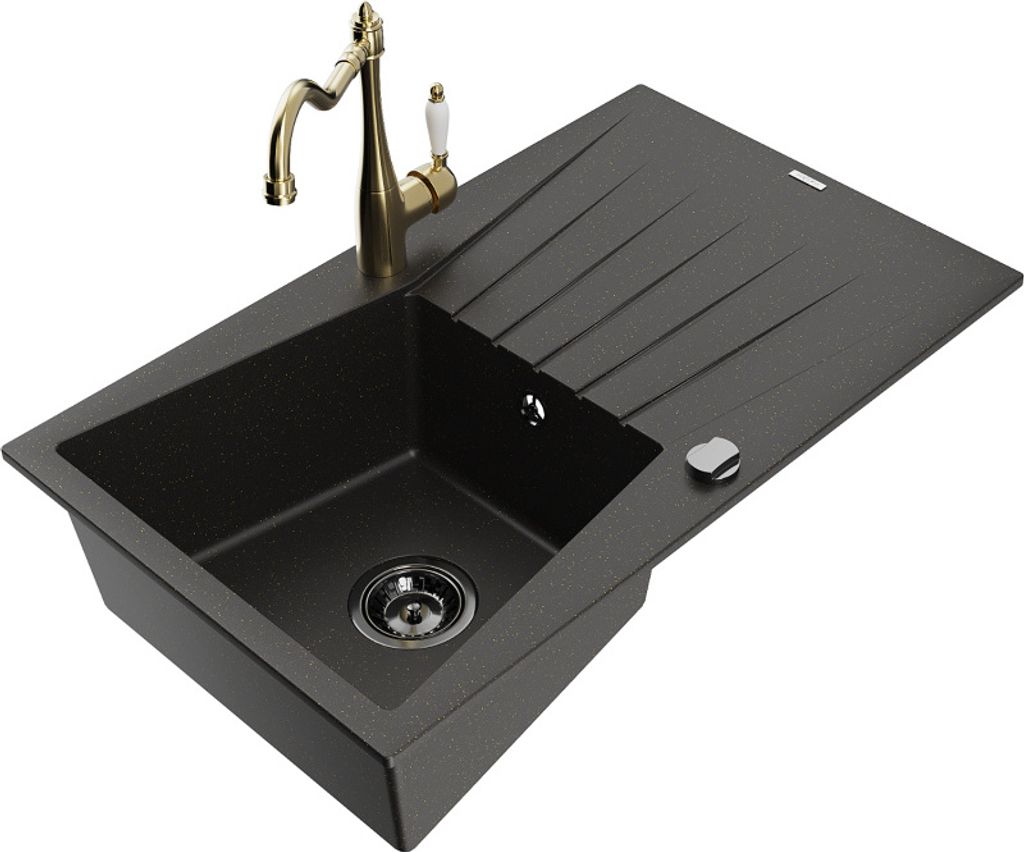 Mexen Cesar 1 Becken-Granitspüle mit Abtropffläche und Mischbatterie Carla, Schwarz/Gold metallisch - 6514-75-670700-50-B