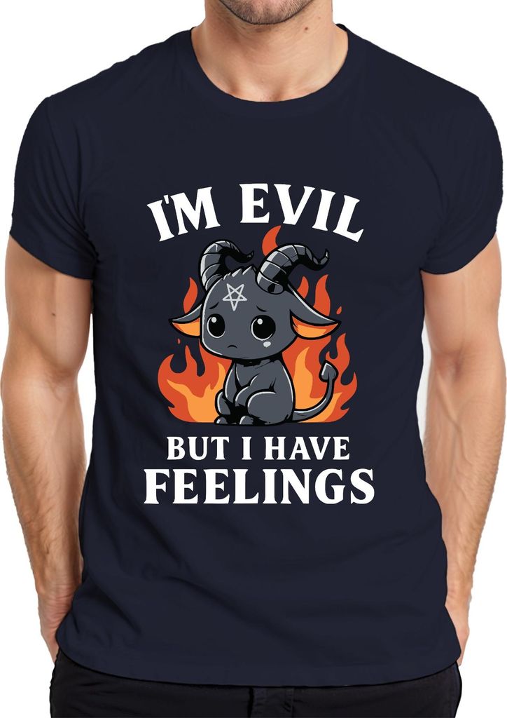 Evil but Feelings Süßer Dämon Baphomet Ziegenbock Gothic Kawaii Herren T-Shirt, Navy, L