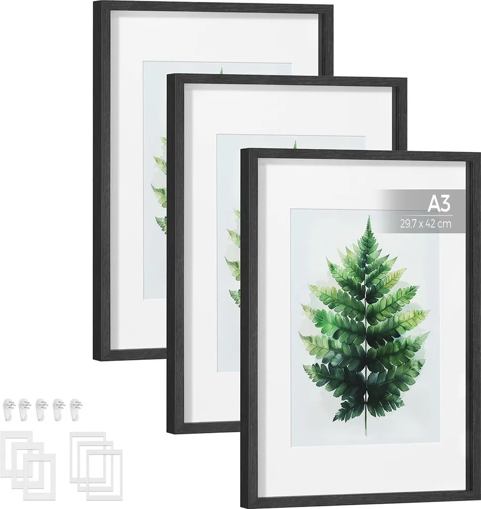 Cadre photo frêne noir et passe-partout blanc haute qualité, pack de 3