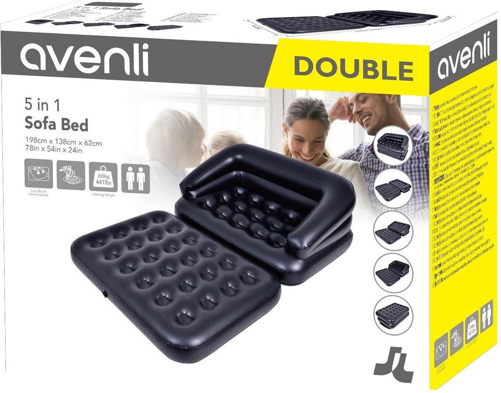 The image shows the packaging of an inflatable sofa bed, with a product image and promotional text.