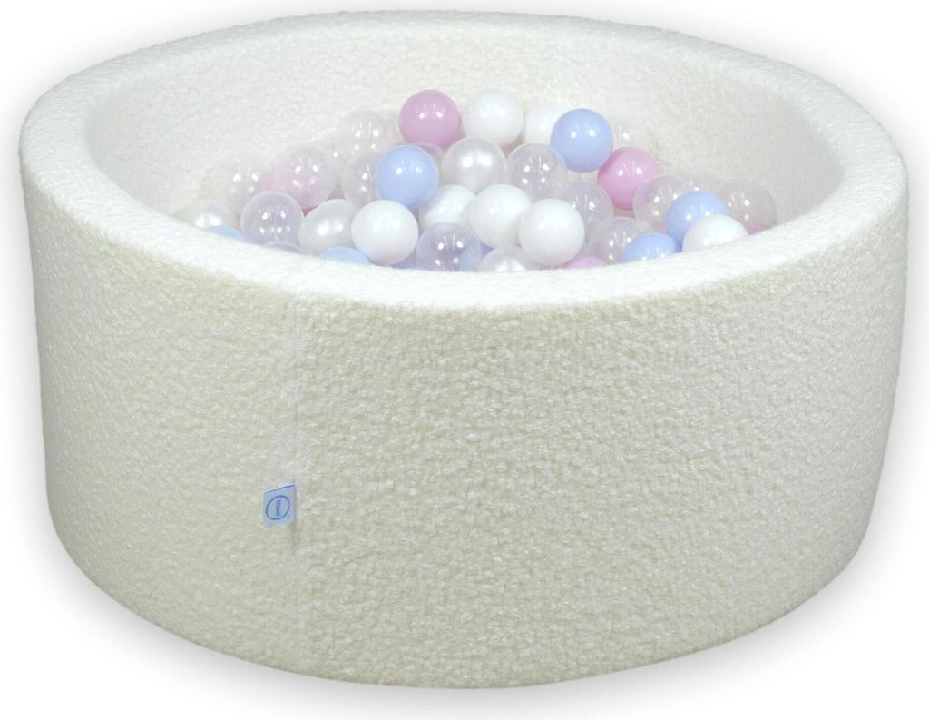 Bällebad 90x40 Boucle Weiß – Mit 300 Bällen / transparent, weiß, perlmutt, babyrosa perlmutt, babyblau perlmutt