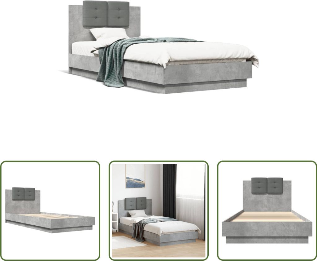 The Living Store Bettgestell mit Kopfteil Betongrau 90x200 cm Holzwerkstoff
