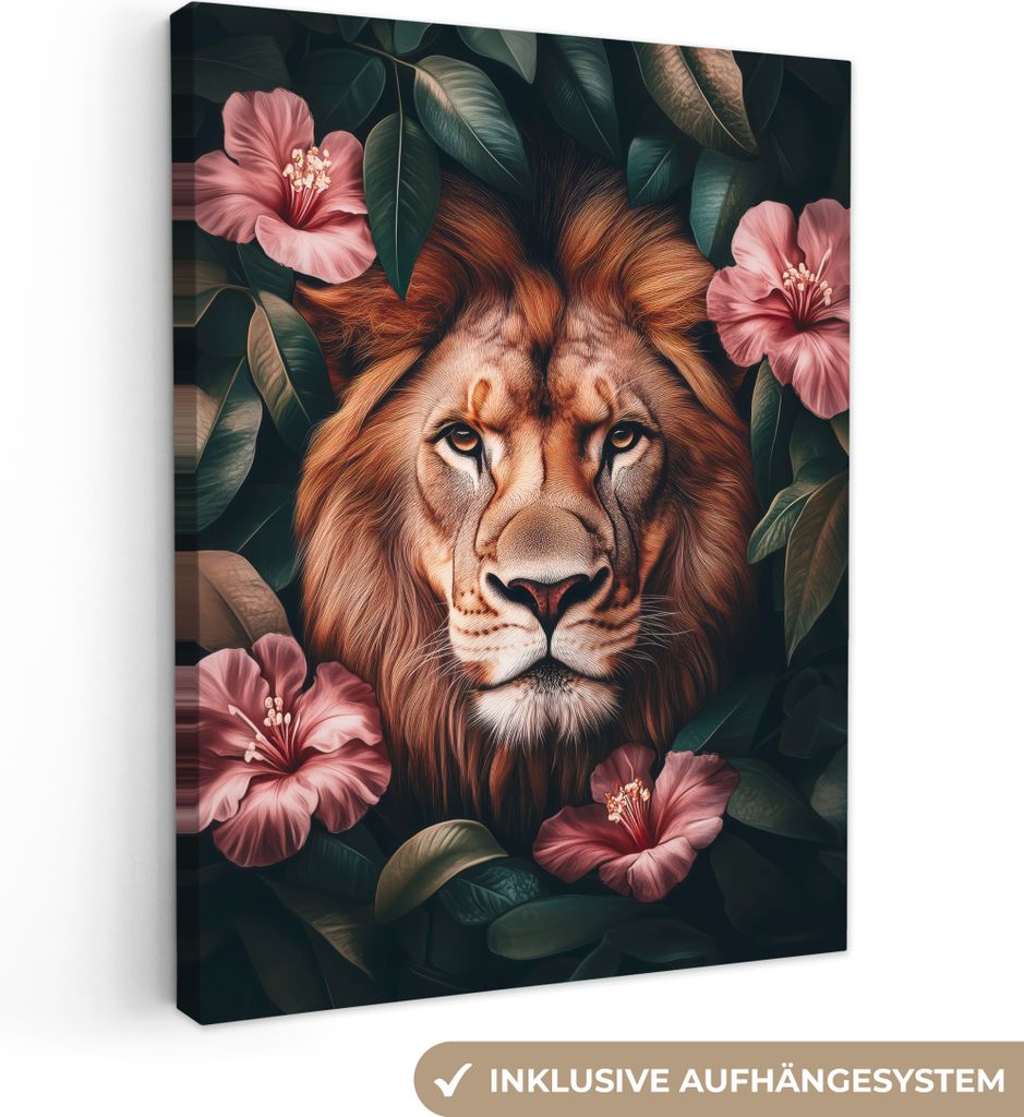 Leinwandbilder 30x40 cm - Tiere, Blumen - Löwe - Botanisch, Bilder Wohnzimmer Modern, Wanddeko