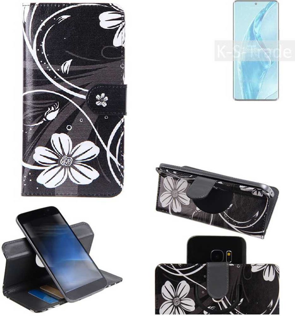 K-S-Trade Schutzhülle Handyhülle kompatibel mit Xiaomi 12S Ultra Hülle 360° Wallet Case ''Flowers'' Klapphülle Hülle schwarz-weiß 1x