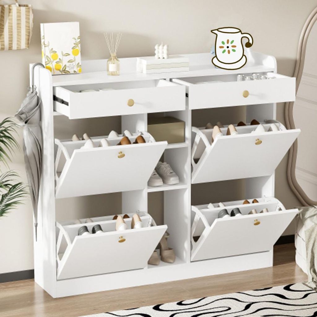 Schuhschrank mit 4 Klapptüren, Schuhregal mit 2 Schubladen, 3 offenen Fächern für Flure und Eingangsbereiche, Maße 110 x 26 x 100 cm