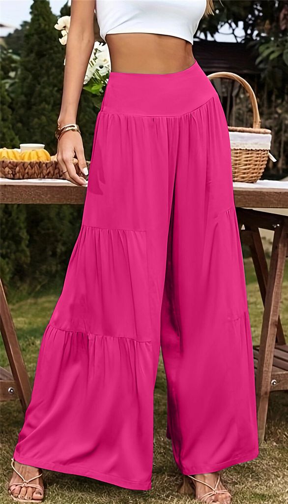 ASKSA Damen Leinenhose Sommer Elegant Hohe Taille Weites Bein Freizeithose Leichte Hosen, Rosarot, Groesse: M