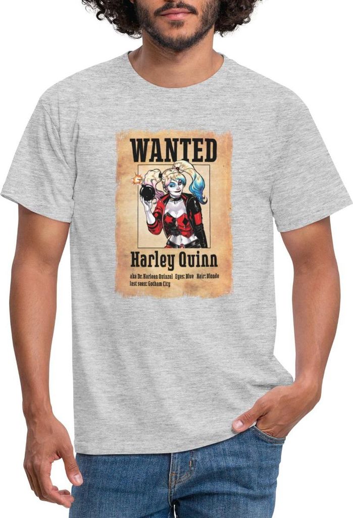 Spreadshirt Harley Quinn Wanted Männer T-Shirt, XXL, Grau meliert