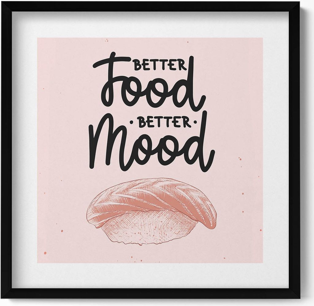 Bildunterschrift für Küche und Esszimmer „Besseres Essen, bessere Stimmung“– Wandbild mit Rahmen – Gerahmtes Bild – Wanddekoration – ...