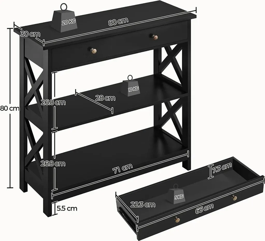Rangez vos clés avec la console noire 613976 à tiroir et deux étagères