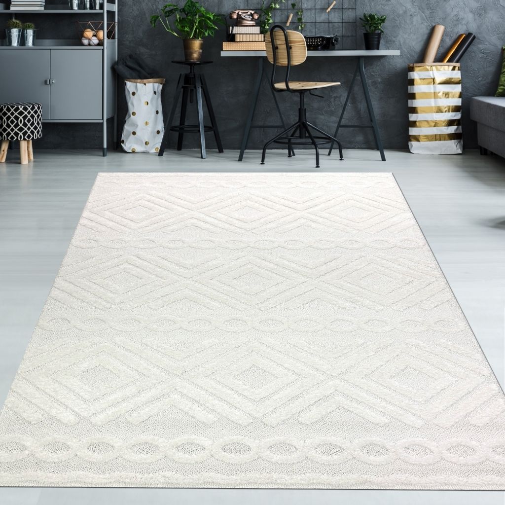 Boho Hochflor Wohnzimmerteppich mit Rautenmuster und Kreisen in Cremefarbe Größe - 200 x 290 cm