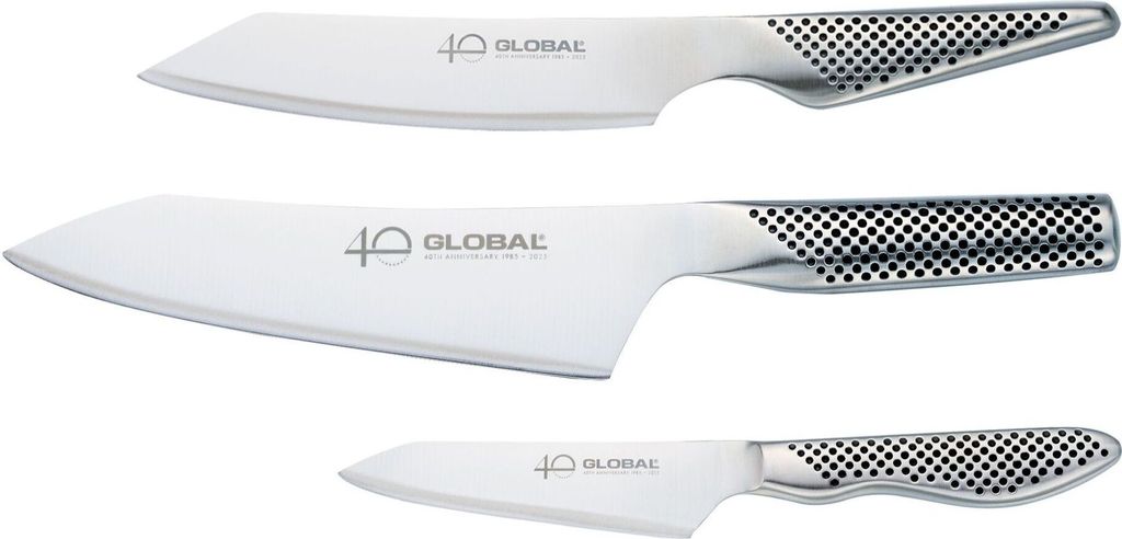 Three Global Yoshikin knives are displayed on a white background.