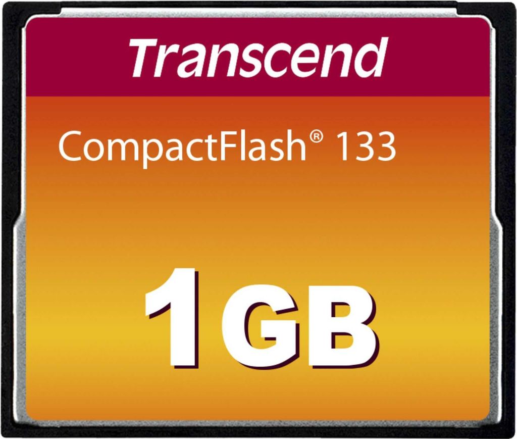 A product shot of a Transcend Compact Flash memory card.