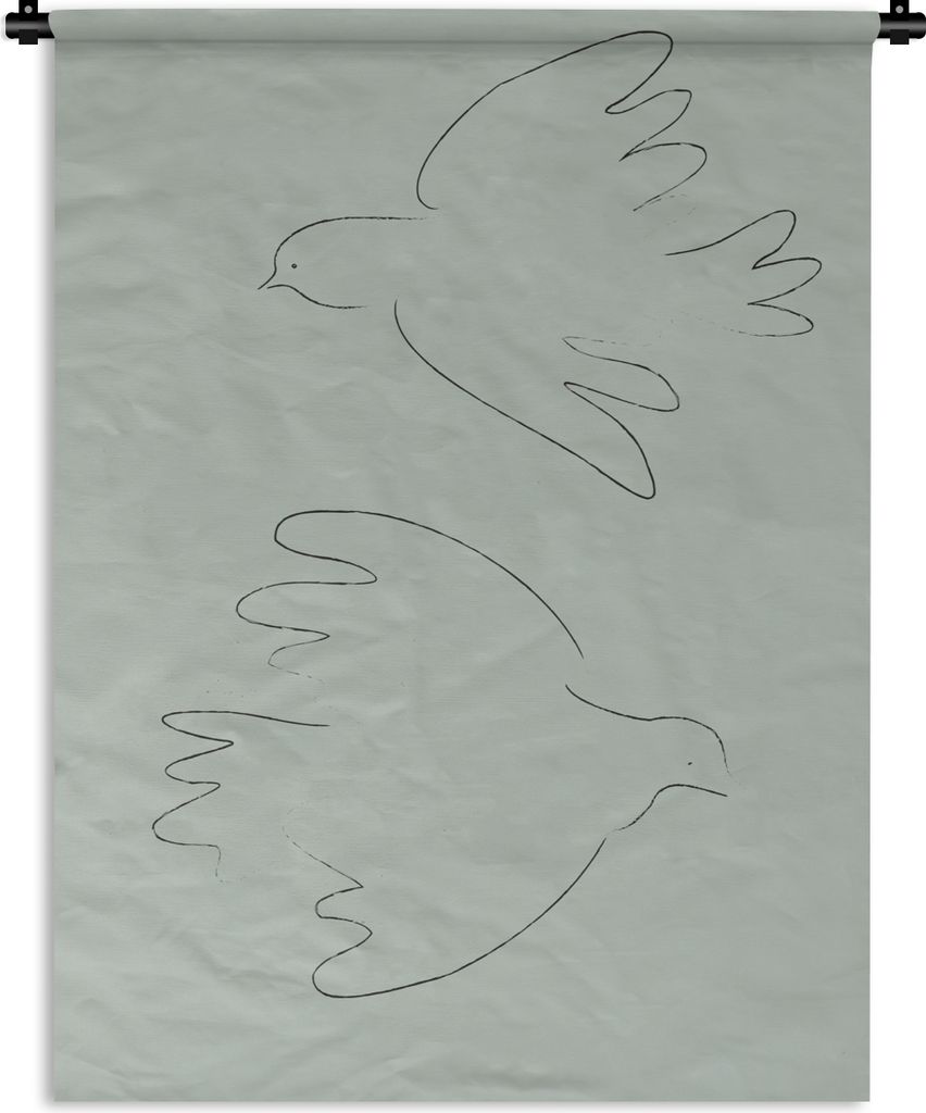 MuchoWow Wandteppich Wandbehang Tauben - Vögel - Grün - Tiere - Strichzeichnung 120x160 cm Tapisserie Dekoration Wandtuch - Wohnzimmer - Moderne
