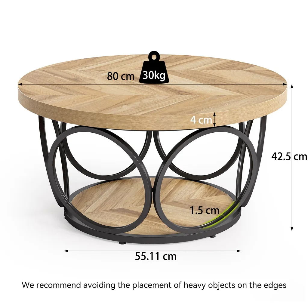 Table Basse Ronde 80 cm de Style Rustique Marron avec Double Tablette