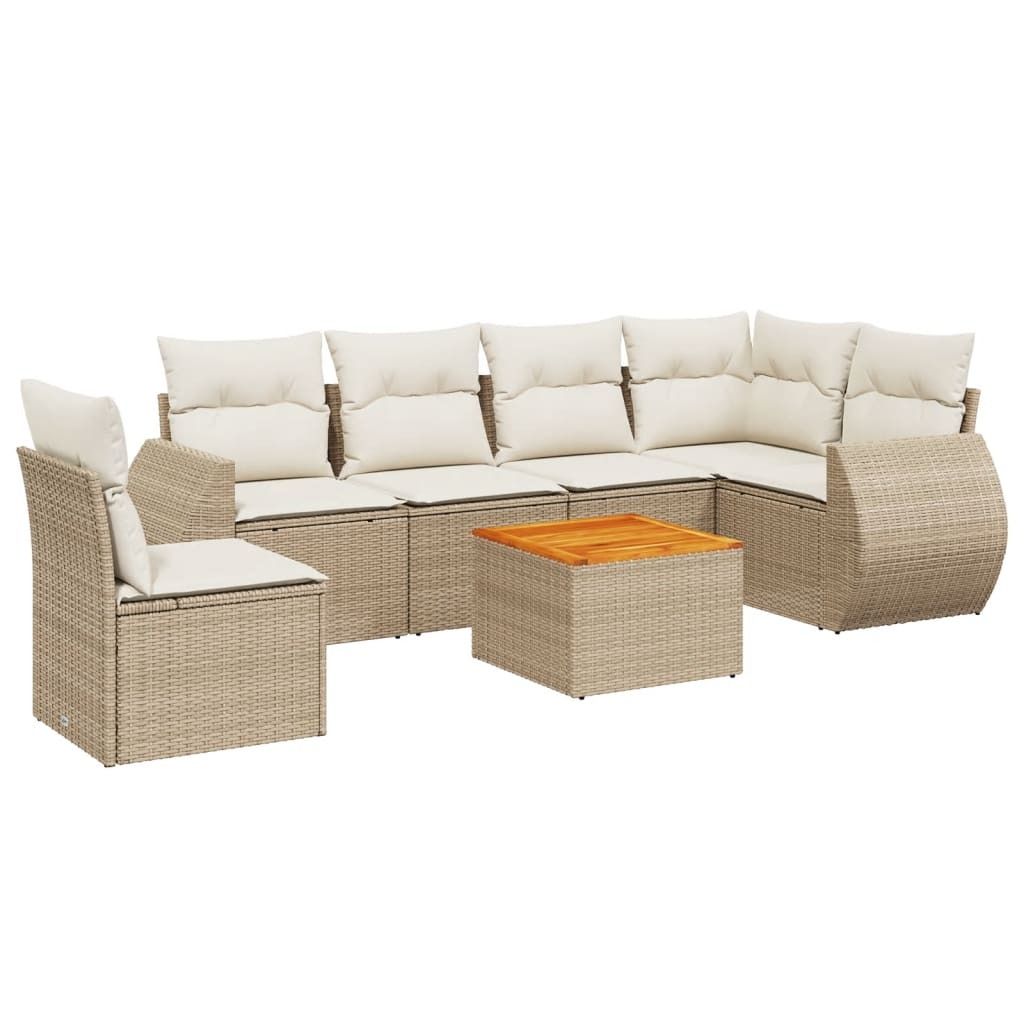 Modulares Gartenmöbel-Set, 7-tlg. Sofagarnitur mit Stauraum, wetterfestes Poly Rattan, Akazienholz-Tisch, Beige/Cremeweiß