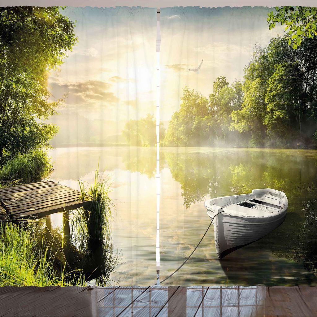 ARANDE Natur Gardine, Boot durch den nebeligen See-Plattform-träumerischen Wald am Morgen-Land-Art-Bild, 280 x 260 cm, Olivengrün Weiß