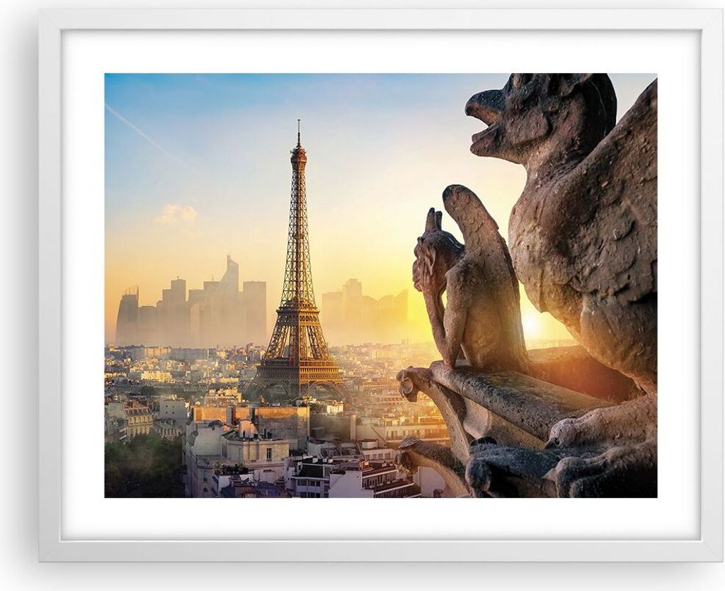 Gerahmtes Poster - Weißer Rahmen - Wasserspeier Turm Eiffel - 50x40 cm - Wand Bild - Wanddeko - Wandbilder - Kunstposter - Wandposter - Bilderrahm...