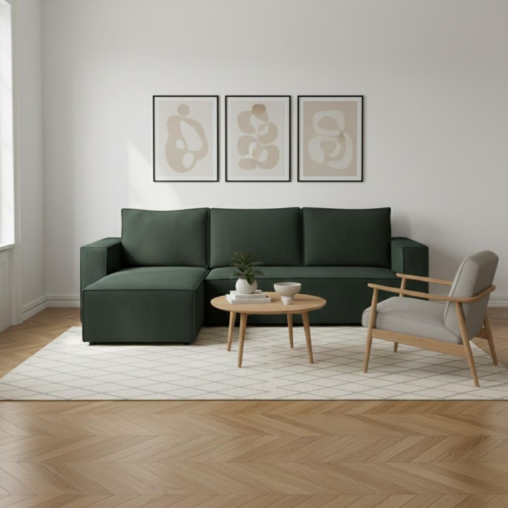 Couch L Form - Mit Schlaffunktion und Bettkasten - Links - 235x76x147 cm - Grün - Kleine Sofaecke - Wohnlandschaft L Form - Schlafsofa Modern
