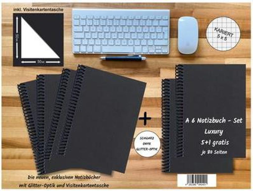 A 6 Notizbuch - Set, 4+2 gratis, Luxury 80 Seiten SCHWARZ ONYX GLITTER-OPTIK, kariert 5x5mm