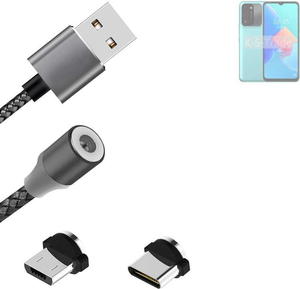 K-S-Trade Hochwertiges Magnet-Lade-kabel Sync-Kabel Daten-Kabel für Tecno Spark 8C mit USB-Typ-C-Anschluss und Micro-USB-Anschluss 2A bis zu 480mbps
