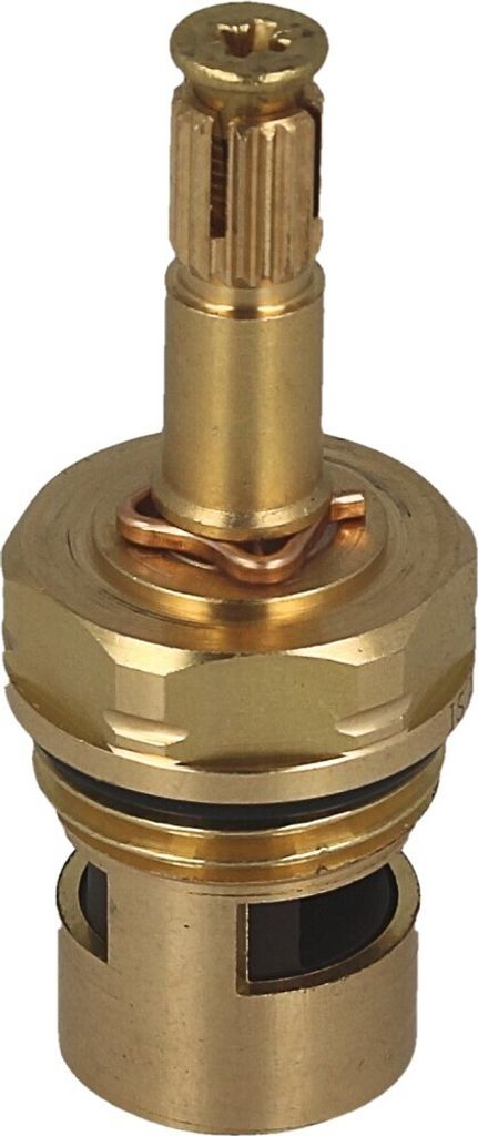 A close-up studio shot of a brass faucet valve stem.
