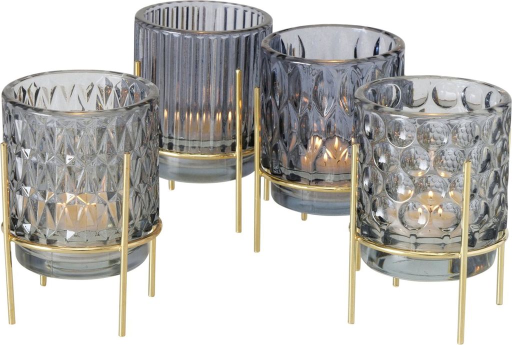 4tlg Set Windlicht Noria mit Ständer grau gold Weihnachts-Kerzen Teelicht-Halter