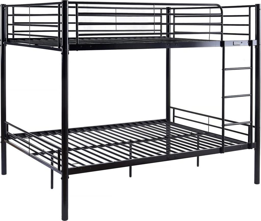 A black metal bunk bed with a ladder, shown against a white background.