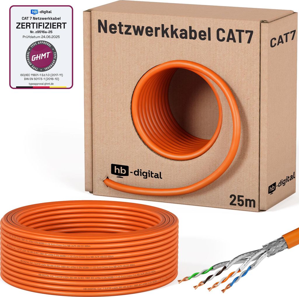 hb-digital CAT 7 Verlegekabel 25m Ethernetkabel Datenkabel Installationskabel max. 1000 MHz S/FTP AWG23 LSZH orange
